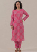Front view of Mirasl Fuchsia Mandala co-ord set with pink printed shirt and matching trouser.