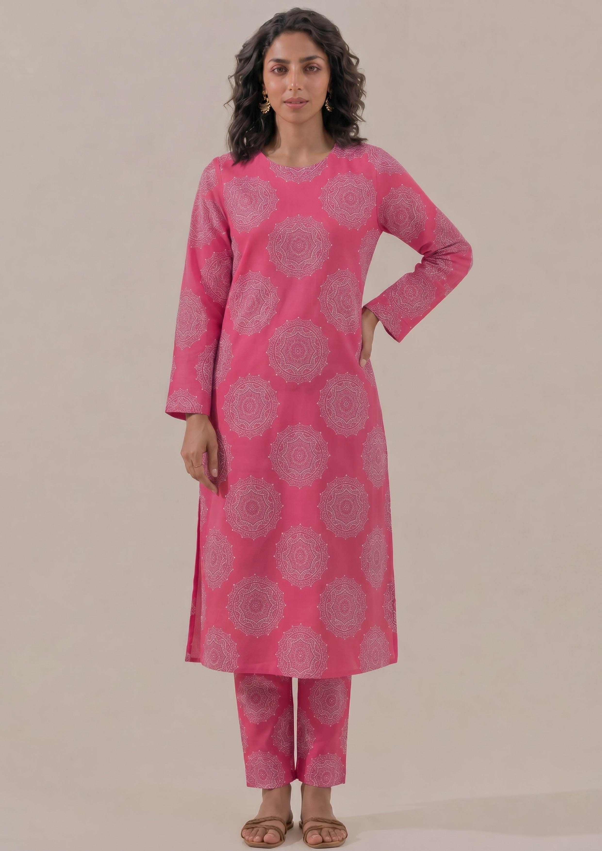 Front view of Mirasl Fuchsia Mandala co-ord set with pink printed shirt and matching trouser.