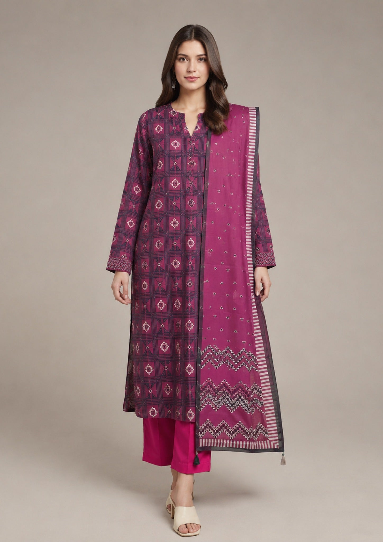 Geometric Ensemble 3 Piece Stitched Printed Lawn Suit by Mirasl from the fasl-e-rang collection – Front View