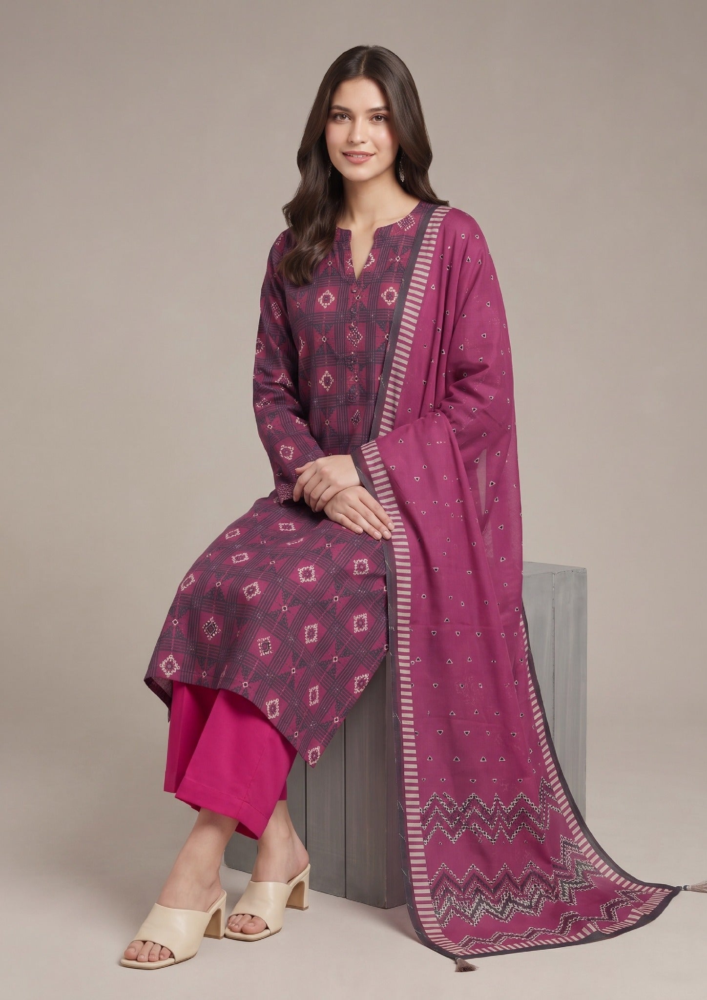 Geometric Ensemble Pakistani Printed Lawn Suit with matching dupatta – Walking View
