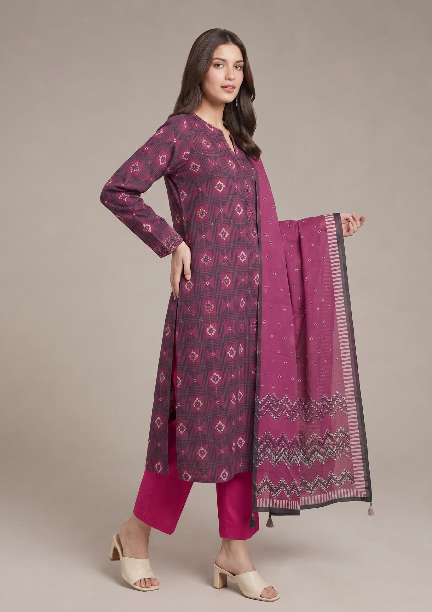 Geometric Ensemble Magenta Printed Lawn Suit with geometric dupatta – Side View