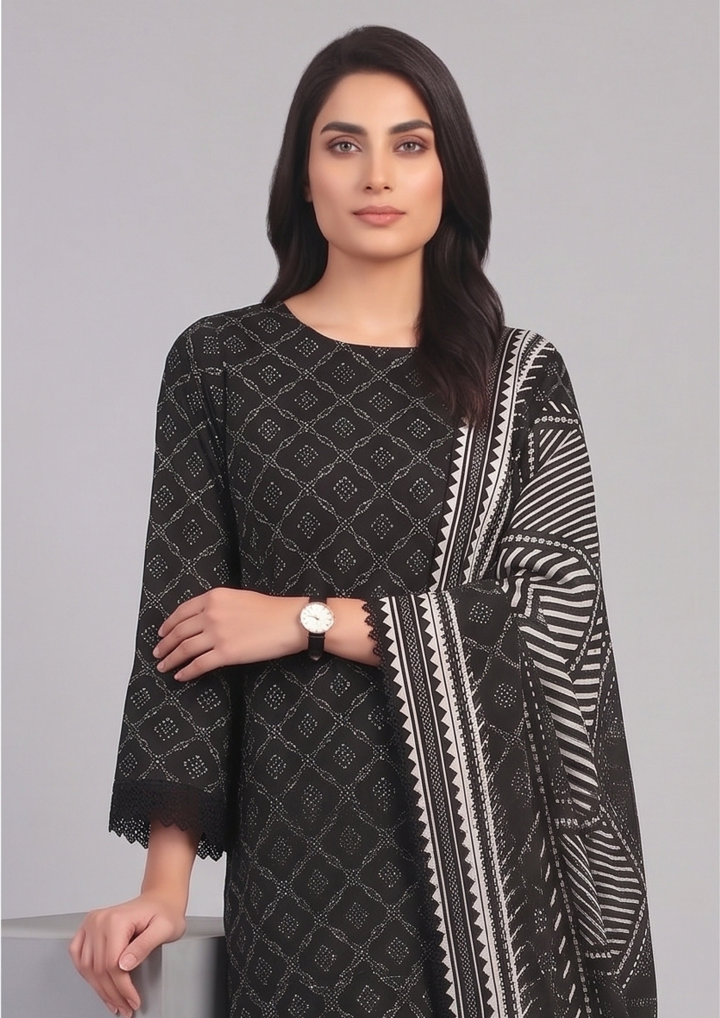 Geometric Noir architectural dupatta with striped geometric blocks
