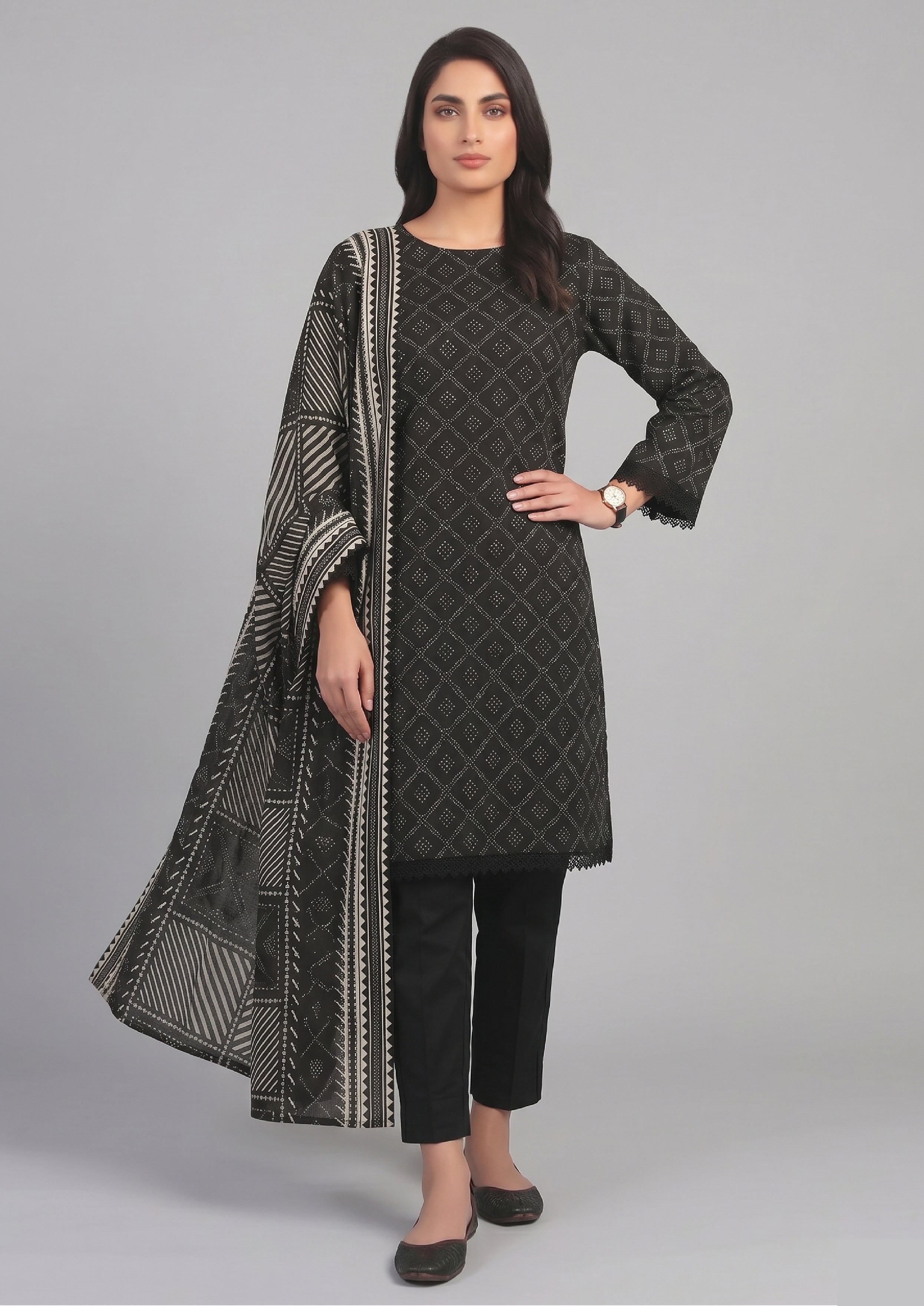 Geometric Noir kurta trouser dupatta suit with monochrome print
