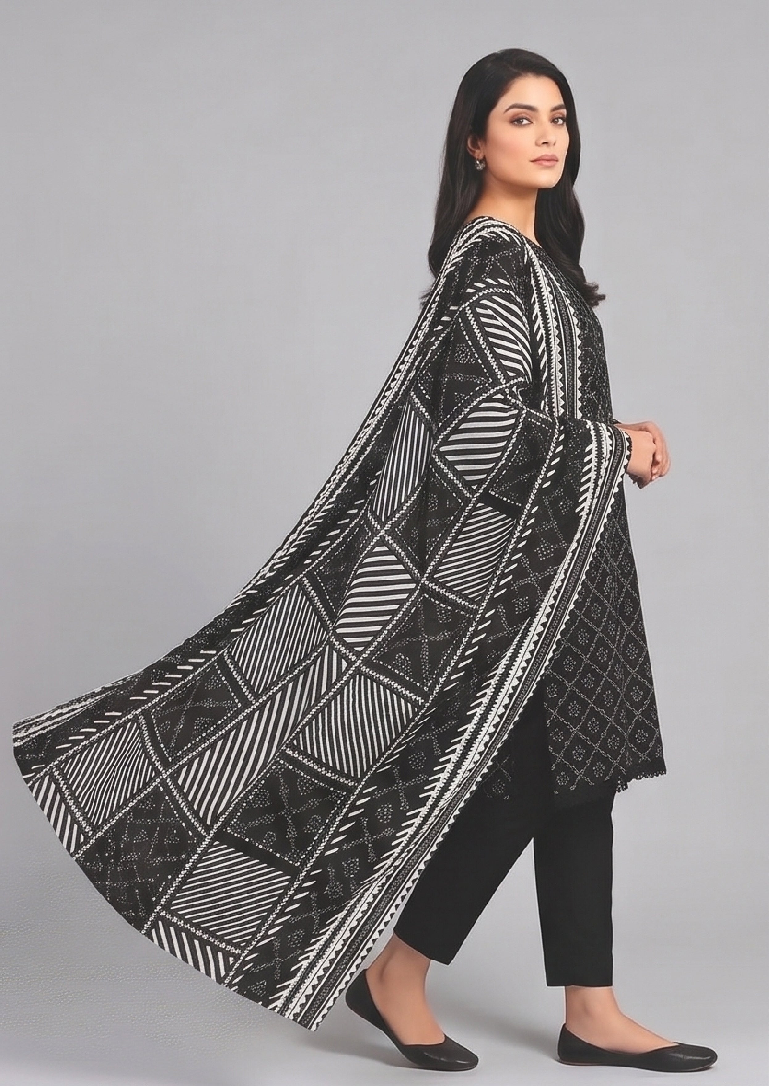 Geometric Noir lattice print lawn suit with black lace cuffs