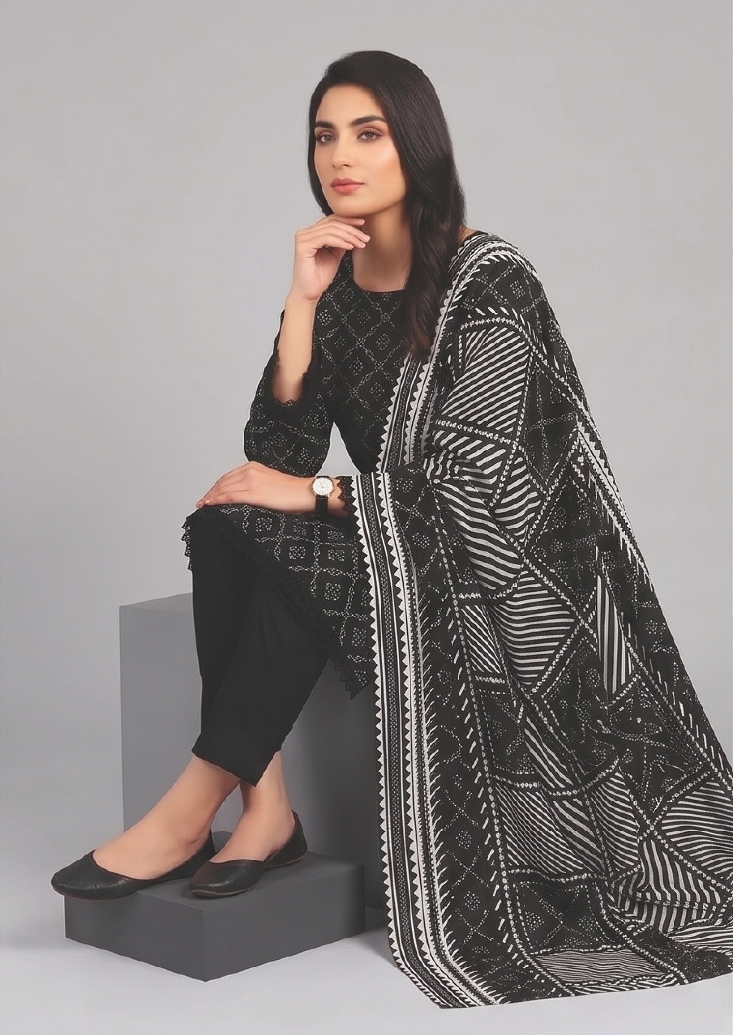 Geometric Noir office wear stitched lawn suit with tailored black trousers