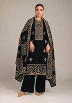 Front view of Gilded Noir black and antique gold 3 piece stitched lawn suit with ornate placket, wide-leg trouser and statement dupatta
