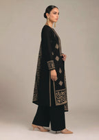 Gilded Noir black and gold Pakistani lawn suit front look with bold botanical printed dupatta and heavy hem border
