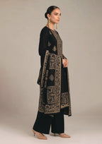 Back detail of Gilded Noir statement dupatta with antique gold botanical panels and geometric border on black lawn