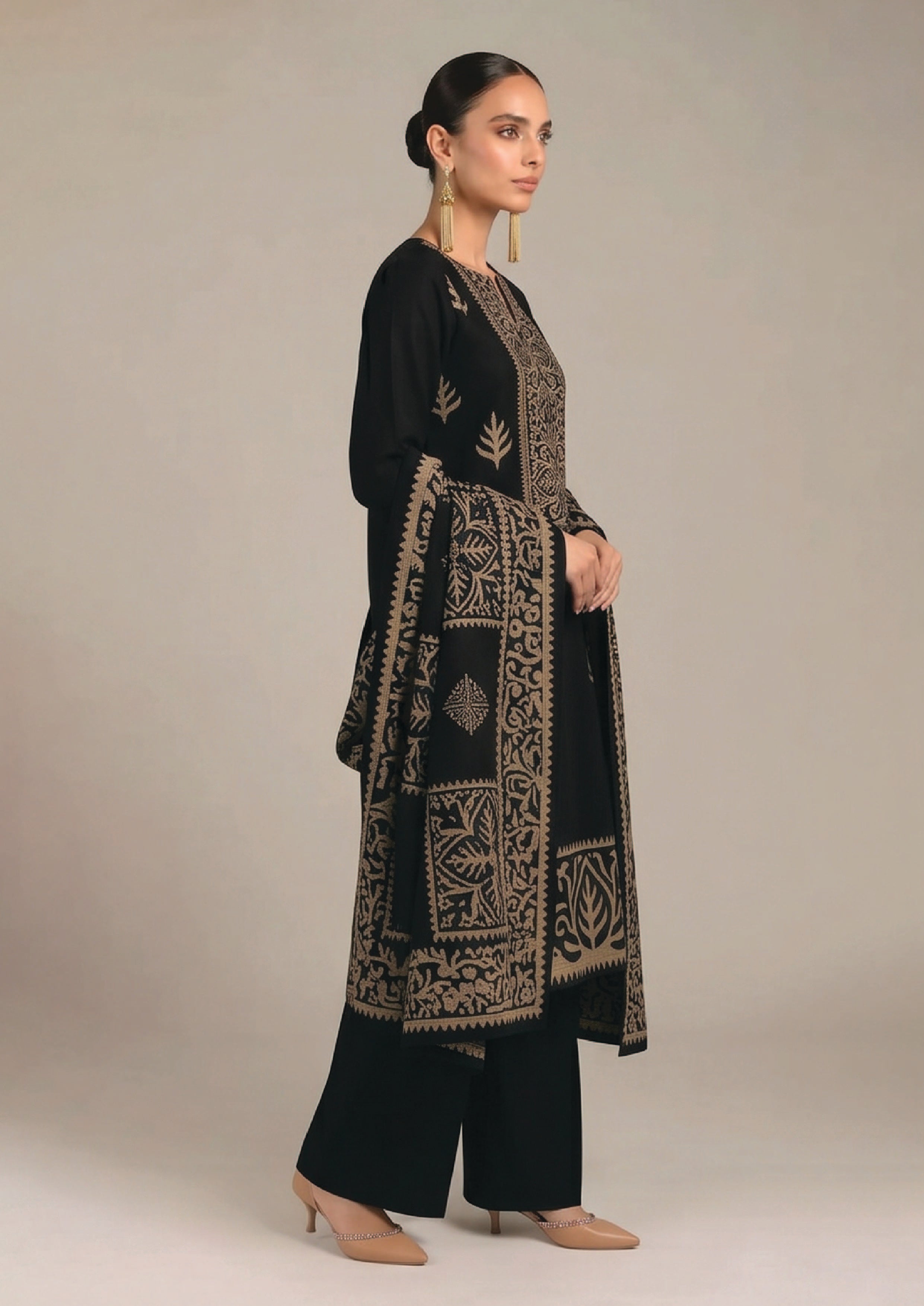 Back detail of Gilded Noir statement dupatta with antique gold botanical panels and geometric border on black lawn