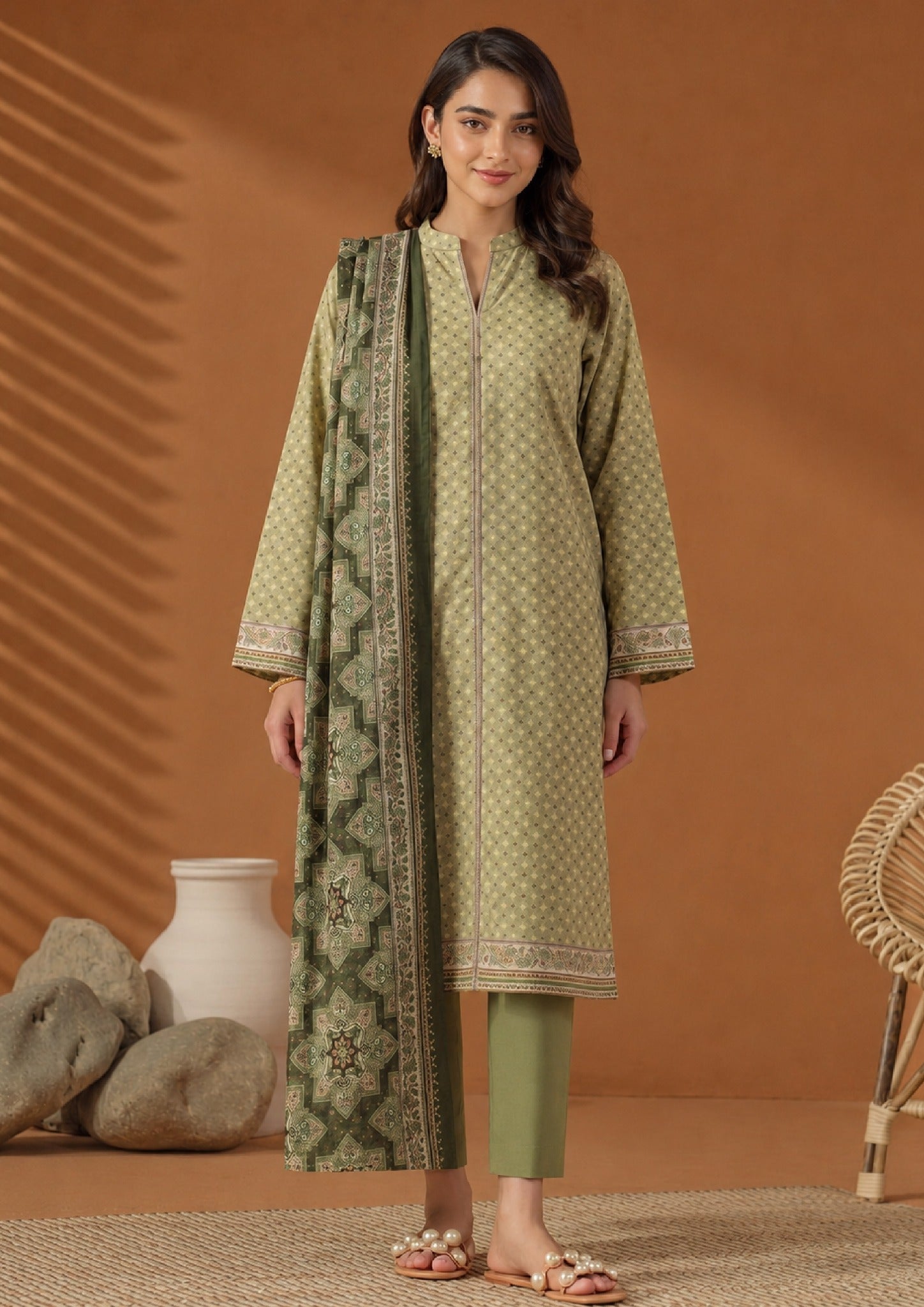 Green Dotted 3 Piece Stitched Lawn Suit from the fasl-e-rang collection by Mirasl