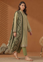Front view of Green Dotted Printed Lawn Suit with coordinated printed dupatta by Mirasl