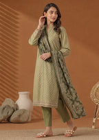 Styling view of Green Dotted Womens Lawn Suit featuring knee-level shirt and straight trousers