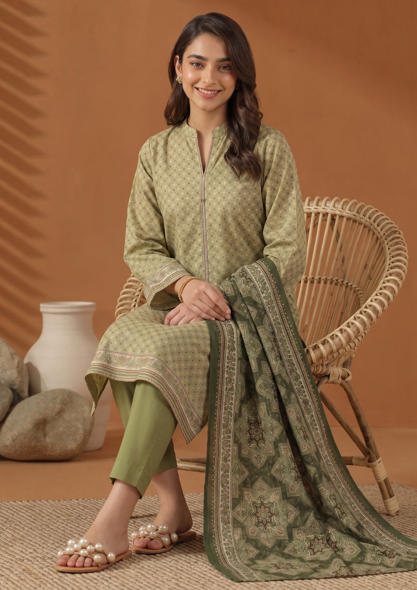Seated view of Green Dotted Pakistani Lawn Suit from the fasl-e-rang collection