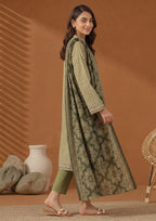 Side profile of Green Dotted 3 Piece Stitched Lawn Suit with printed dupatta by Mirasl