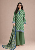 Greenicious 3 Piece Stitched Lawn Suit from the fasl-e-rang collection featuring a green printed lawn shirt, printed dupatta and wide-leg trousers by Mirasl.