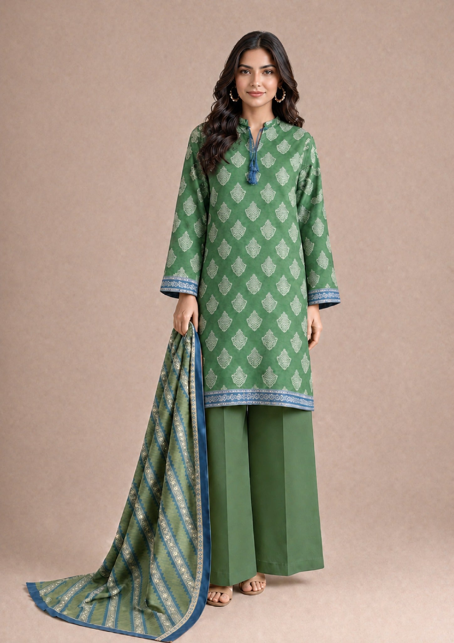 Greenicious 3 Piece Stitched Lawn Suit from the fasl-e-rang collection featuring a green printed lawn shirt, printed dupatta and wide-leg trousers by Mirasl.