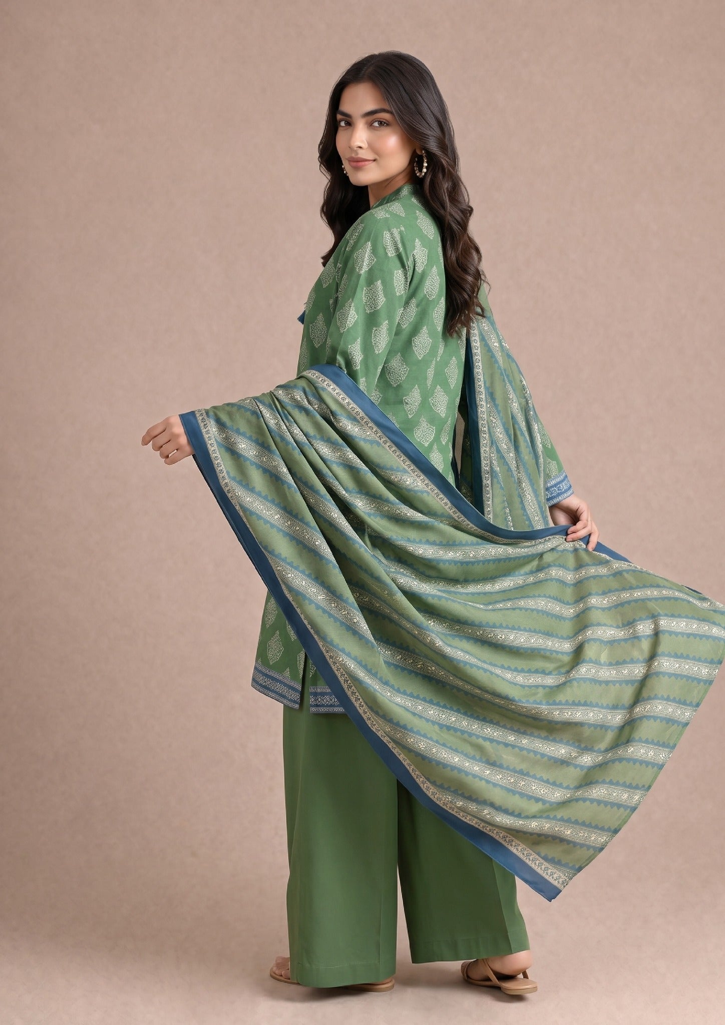Back view of Greenicious women's stitched lawn suit showcasing the printed dupatta and elegant summer styling.