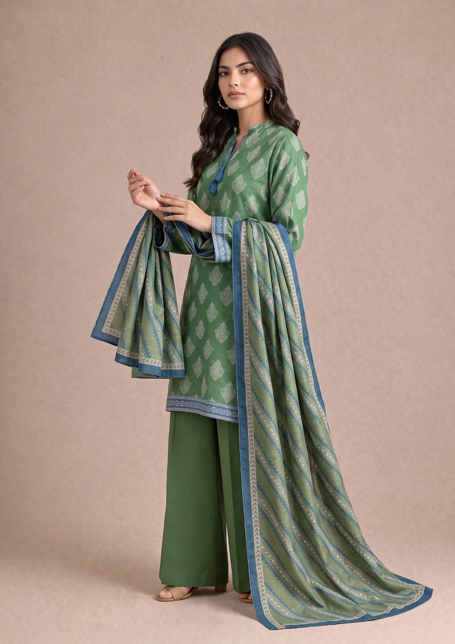 Side profile of Greenicious ready-to-wear lawn suit highlighting premium printed lawn fabric and coordinated accessories.