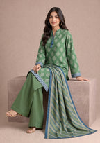 Seated view of Greenicious 3 Piece Stitched Lawn Suit with matching printed dupatta from the fasl-e-rang collection.