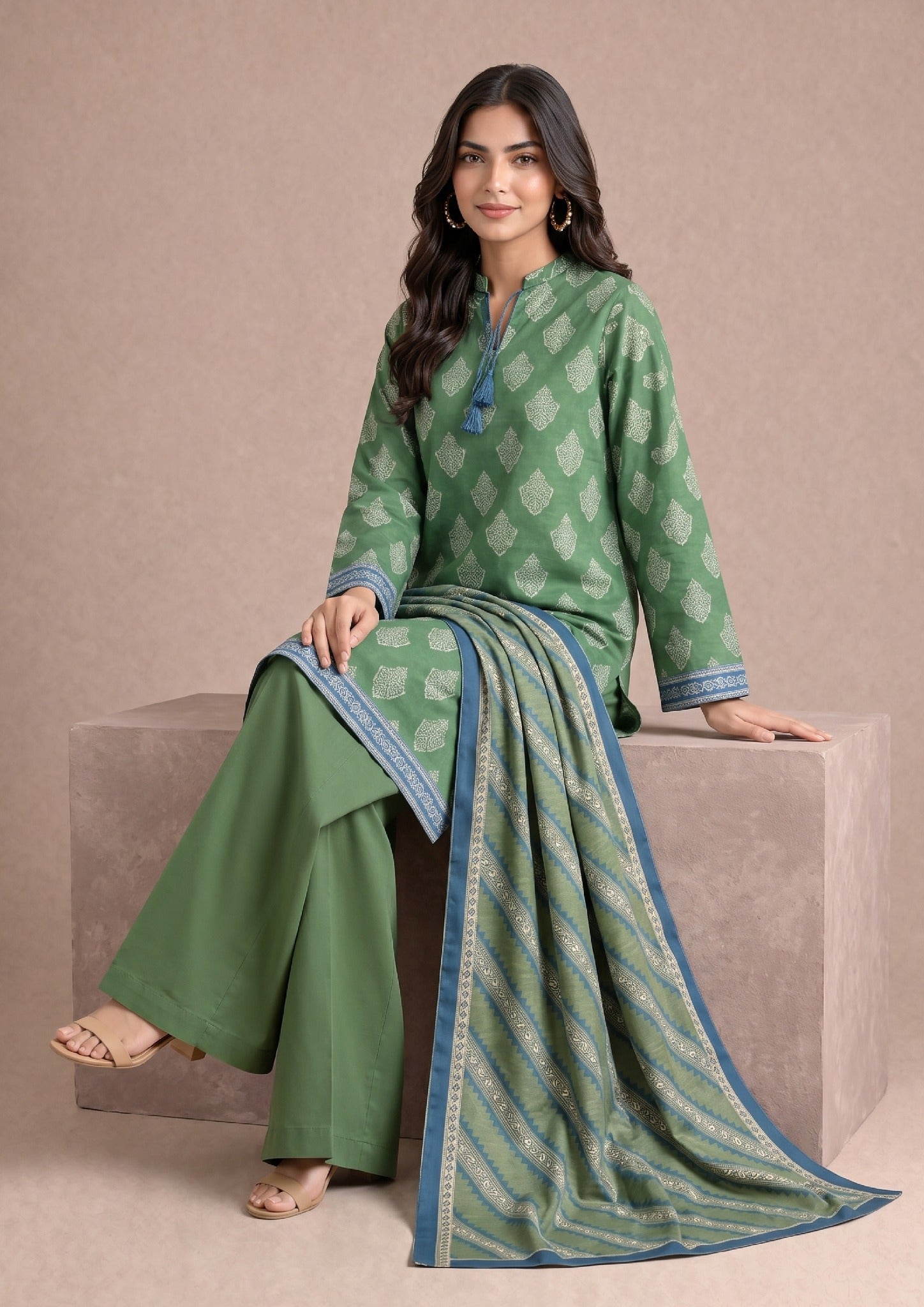 Seated view of Greenicious 3 Piece Stitched Lawn Suit with matching printed dupatta from the fasl-e-rang collection.