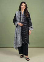 Grey Motif Noir 3 piece stitched lawn suit by Mirasl with black motif printed shirt, wide trouser and grey printed dupatta