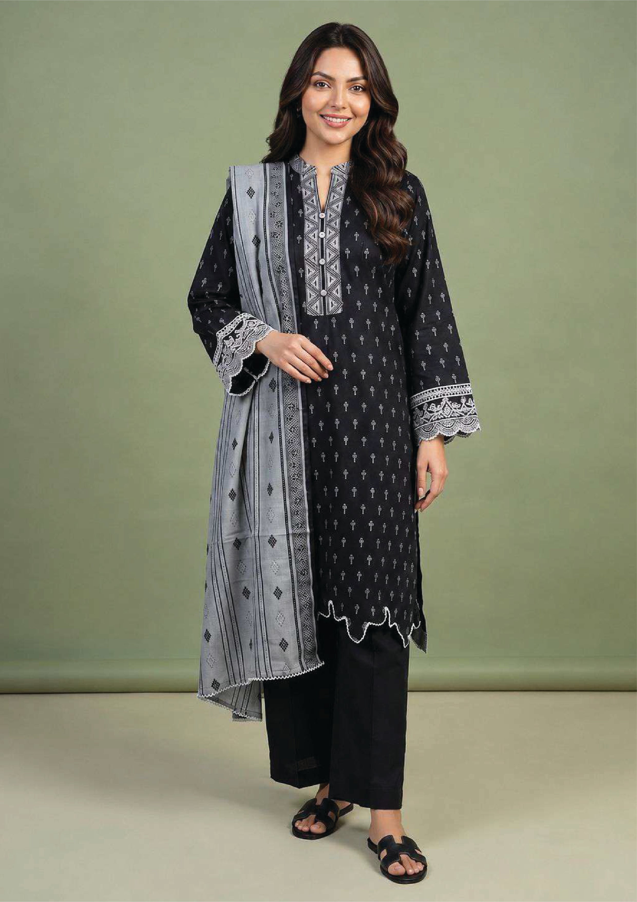Grey Motif Noir 3 piece stitched lawn suit by Mirasl with black motif printed shirt, wide trouser and grey printed dupatta