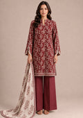 Heirloom 3 Piece Stitched Lawn Suit from the fasl-e-rang collection featuring a maroon printed cambric lawn shirt, printed dupatta, and dyed wide-leg trousers by Mirasl.