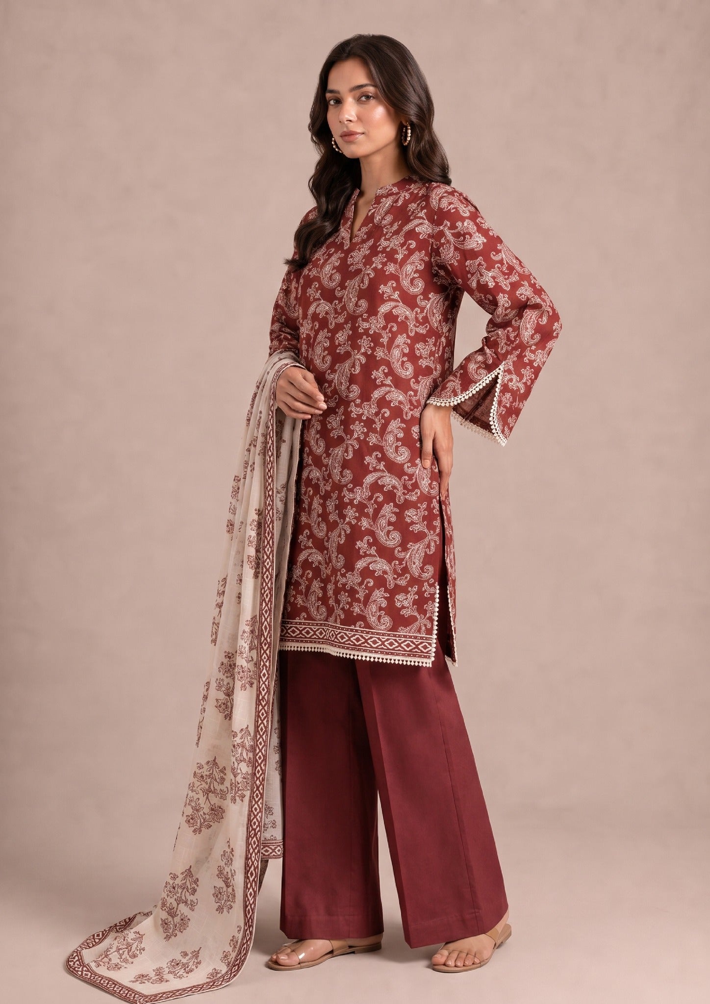 Side profile of Heirloom women's stitched lawn suit showcasing elegant floral and paisley prints with coordinated styling.