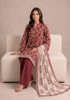 Seated pose of Heirloom 3 Piece Stitched Lawn Suit from the fasl-e-rang collection by Mirasl.
