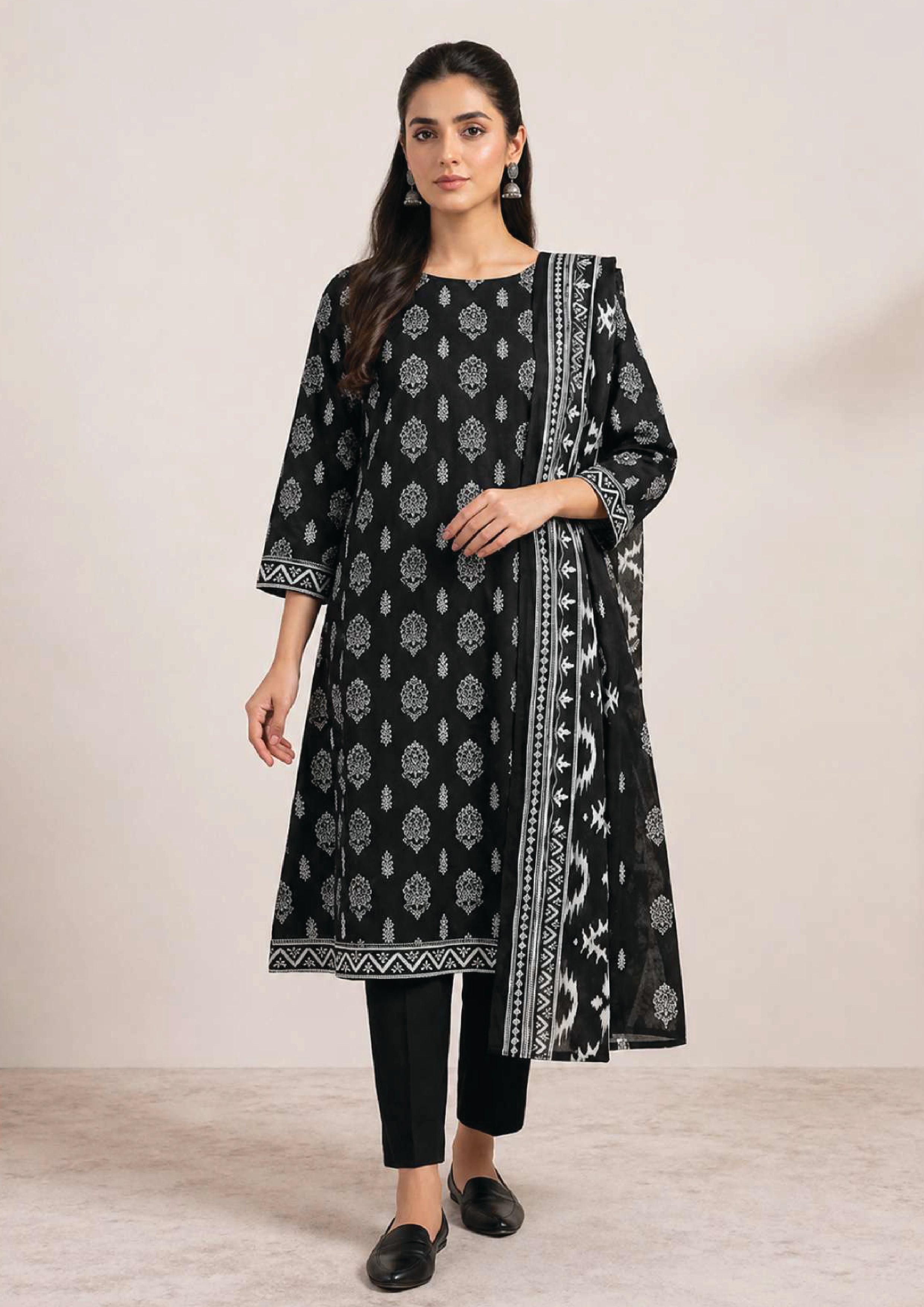 Heritage Noir black 3 piece stitched lawn suit for Pakistani women