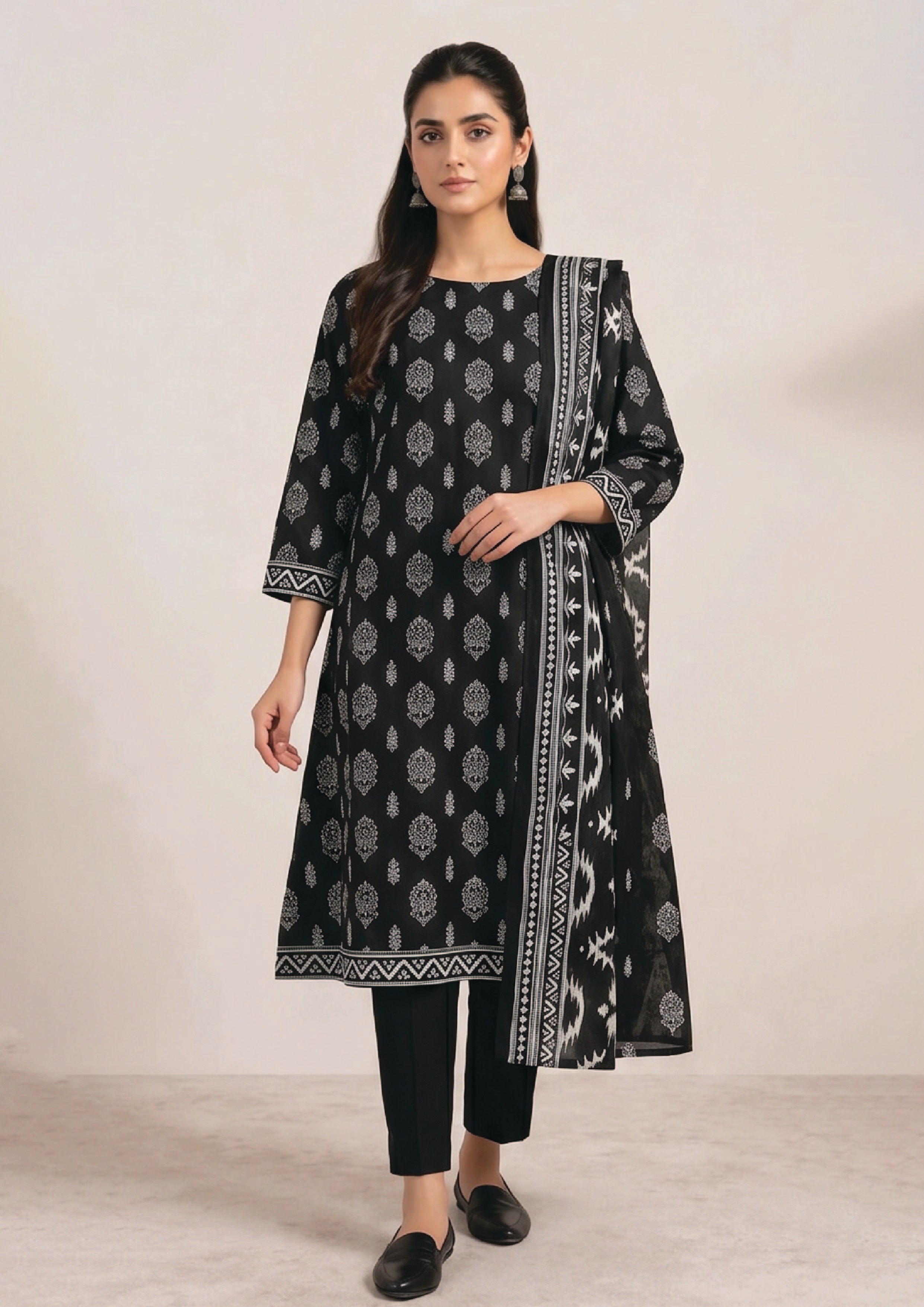 Heritage Noir block print lawn suit front view with tailored trousers