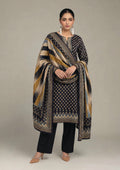 Front view of Ikat Fusion Noir navy black 3 piece stitched lawn suit with geometric printed kurta, tailored trouser and ikat dupatta