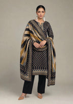 Front view of Ikat Fusion Noir navy black 3 piece stitched lawn suit with geometric printed kurta, tailored trouser and ikat dupatta