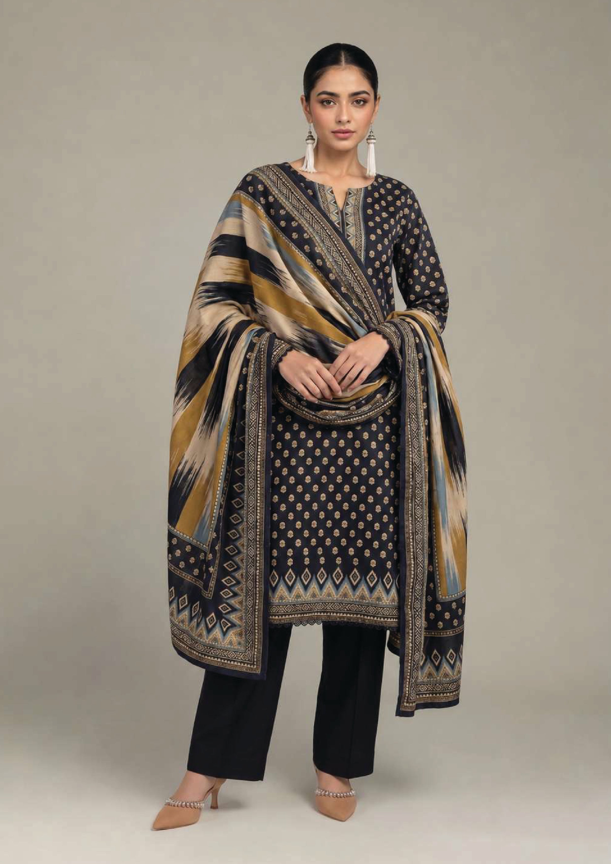 Front view of Ikat Fusion Noir navy black 3 piece stitched lawn suit with geometric printed kurta, tailored trouser and ikat dupatta