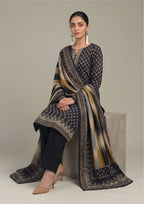 Back view of Ikat Fusion Noir women stitched lawn suit showing large ikat-inspired dupatta with mustard, blue and geometric borders