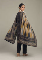 Full look of Ikat Fusion Noir Pakistani lawn suit with ochre and sky blue ikat dupatta, geometric kurta and black trouser