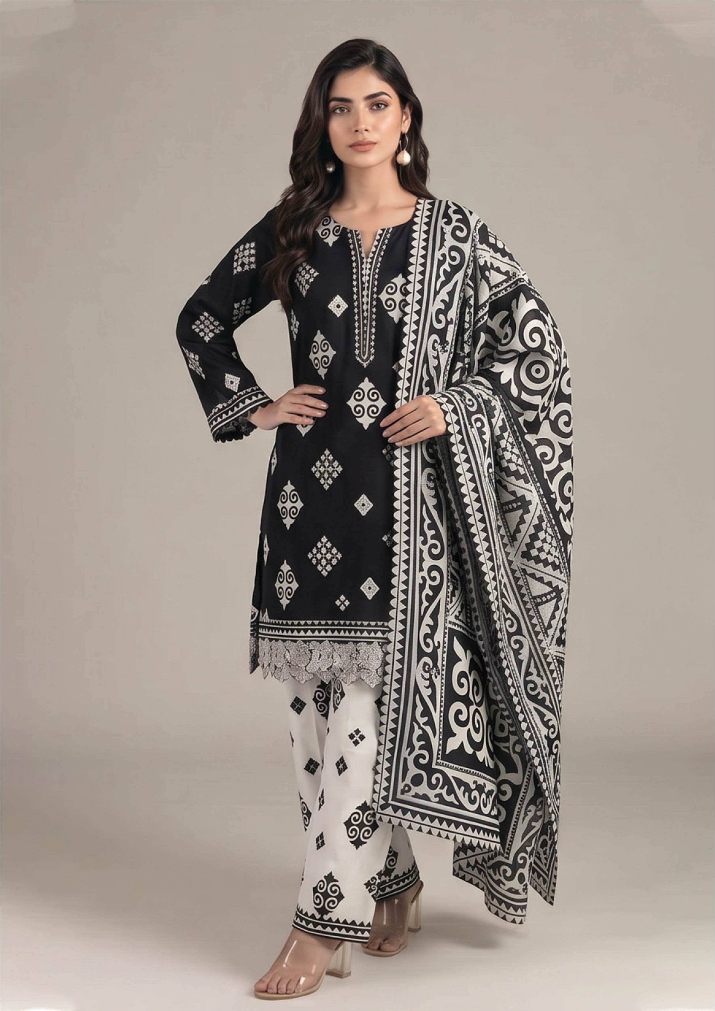 Inverted Ivory Noir Pakistani lawn suit with black kurta, ivory printed trouser and bold scrollwork dupatta