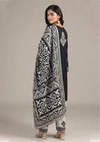 Full look of Inverted Ivory Noir women stitched lawn suit showing geometric print, lace-style hem and high-contrast dupatta