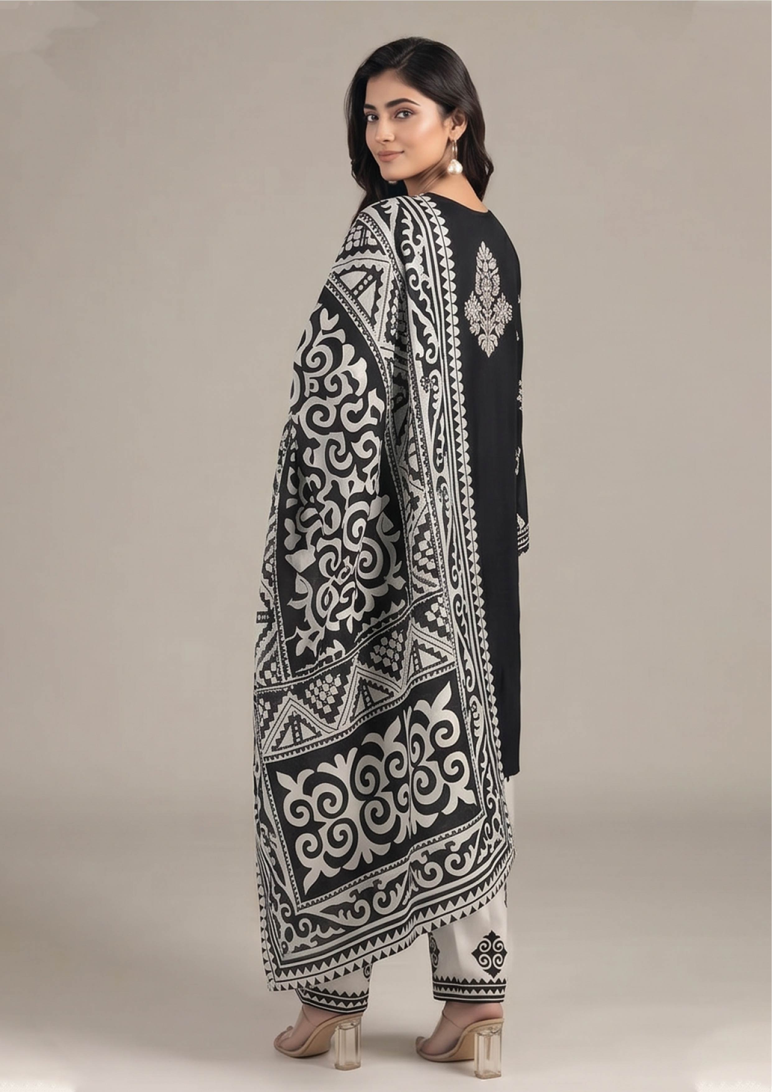 Full look of Inverted Ivory Noir women stitched lawn suit showing geometric print, lace-style hem and high-contrast dupatta