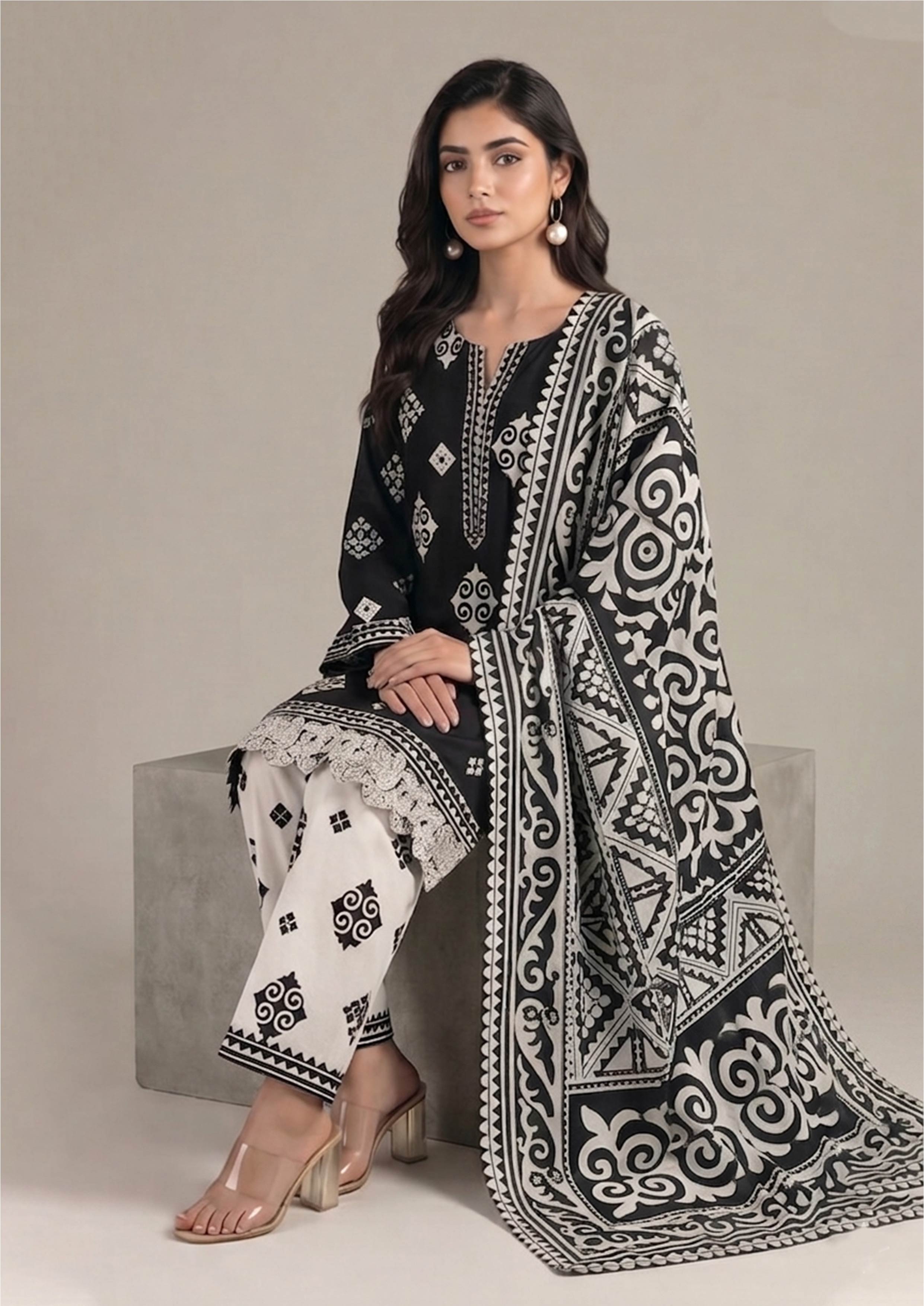 Back view of Inverted Ivory Noir black and white lawn suit with oversized printed dupatta and ivory trouser details