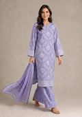 Full-length front view of Lavender Heirloom 3 Piece Stitched Printed Lawn Suit by Mirasl from the Fasl-e-Rang collection.