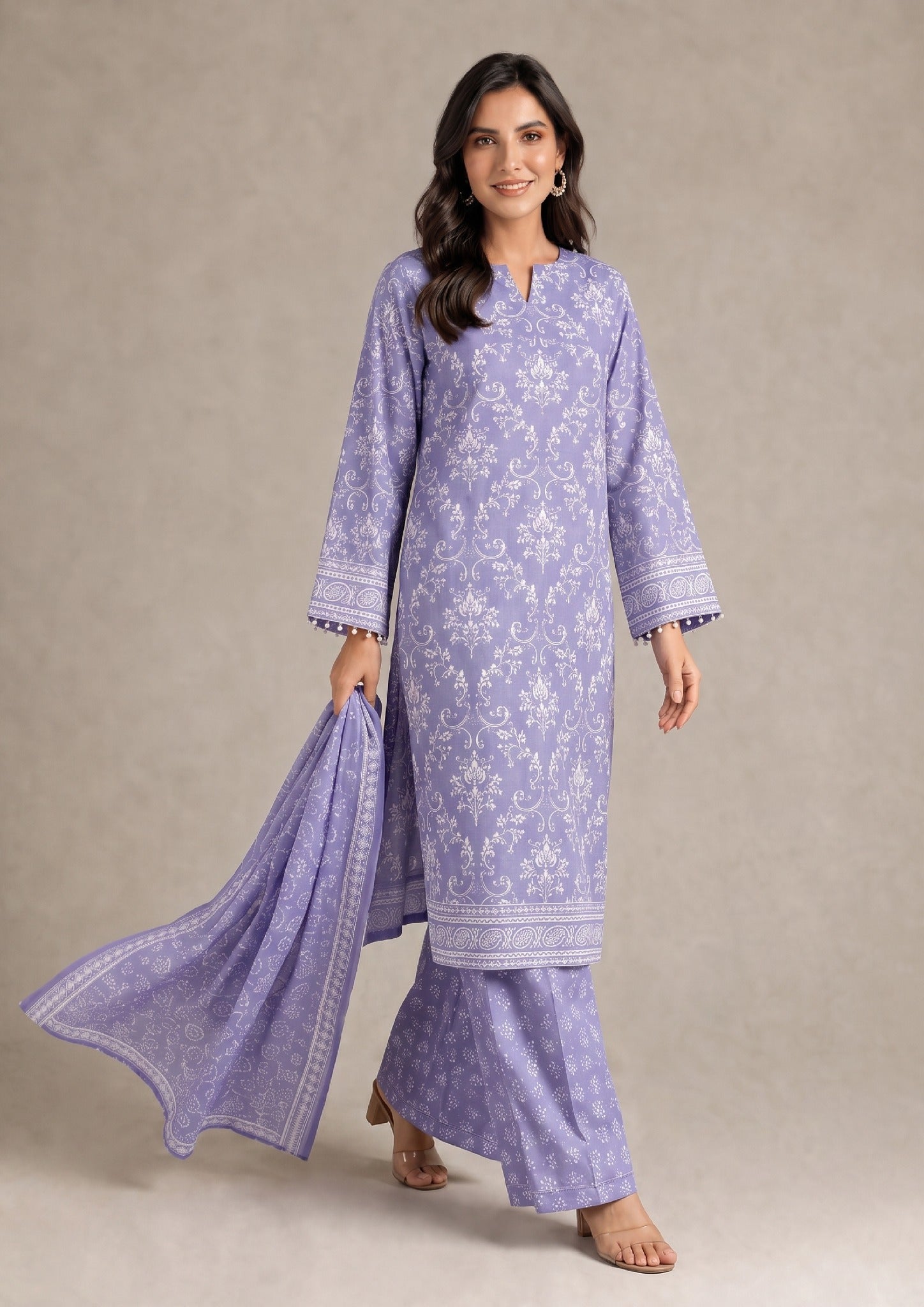 Full-length front view of Lavender Heirloom 3 Piece Stitched Printed Lawn Suit by Mirasl from the Fasl-e-Rang collection.