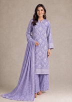 Front pose of Lavender Heirloom 3 Piece Stitched Printed Lawn Suit showcasing the printed shirt, matching trousers and lawn dupatta by Mirasl.