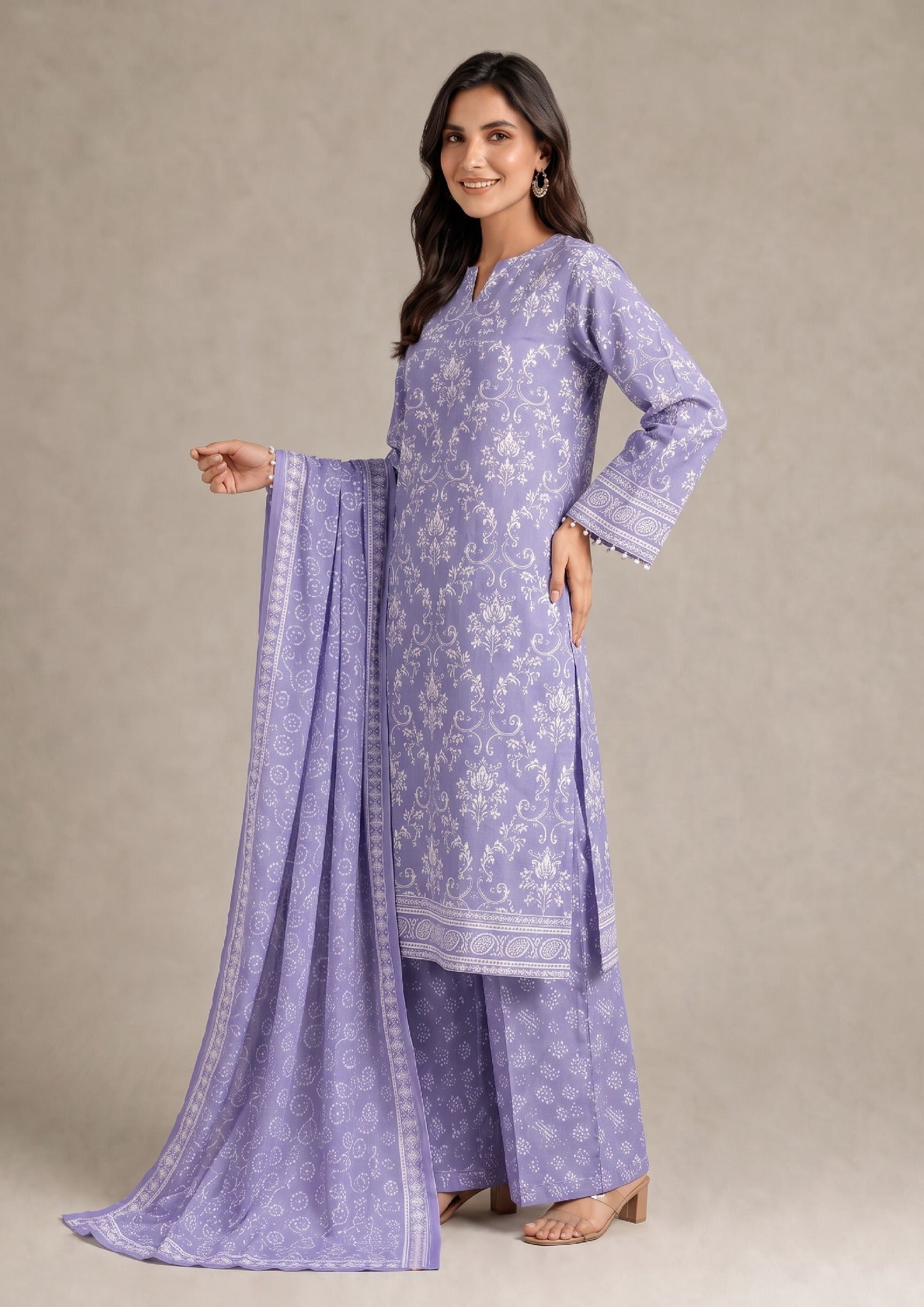Side styling view of Lavender Heirloom 3 Piece Stitched Printed Lawn Suit with elegant printed dupatta and floral detailing by Mirasl.