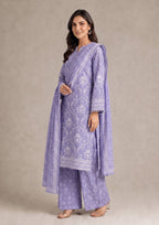 Elegant portrait view of Lavender Heirloom printed lawn suit highlighting the coordinated dupatta, sleeve borders and premium printed fabric.
