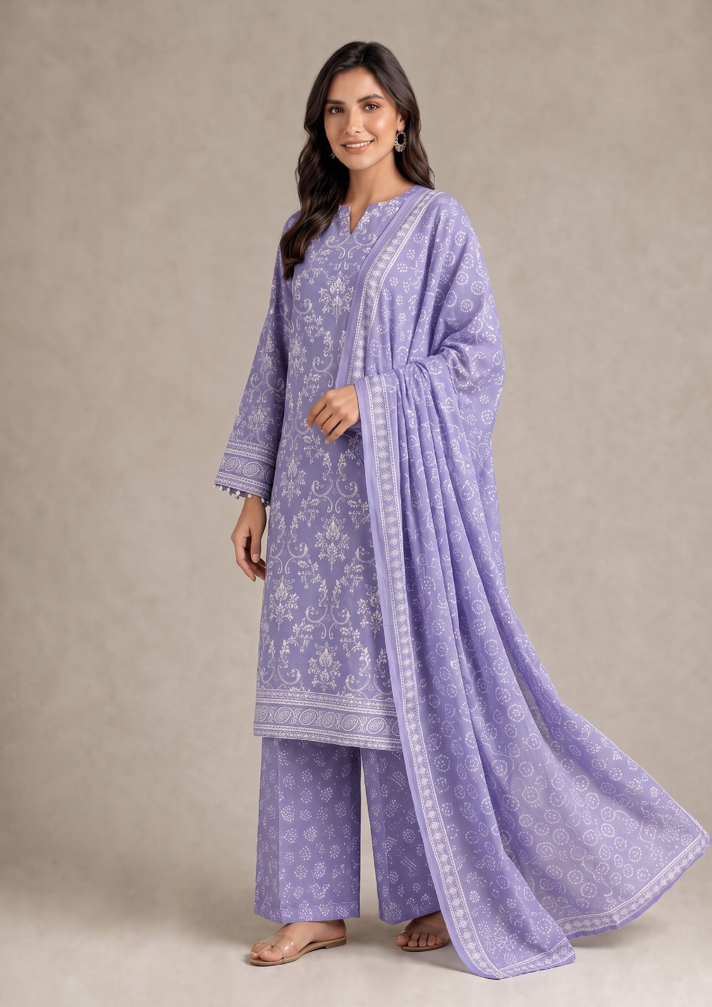 Walking pose of Lavender Heirloom 3 Piece Stitched Printed Lawn Suit showcasing the graceful fabric drape and flow from the Fasl-e-Rang collection.