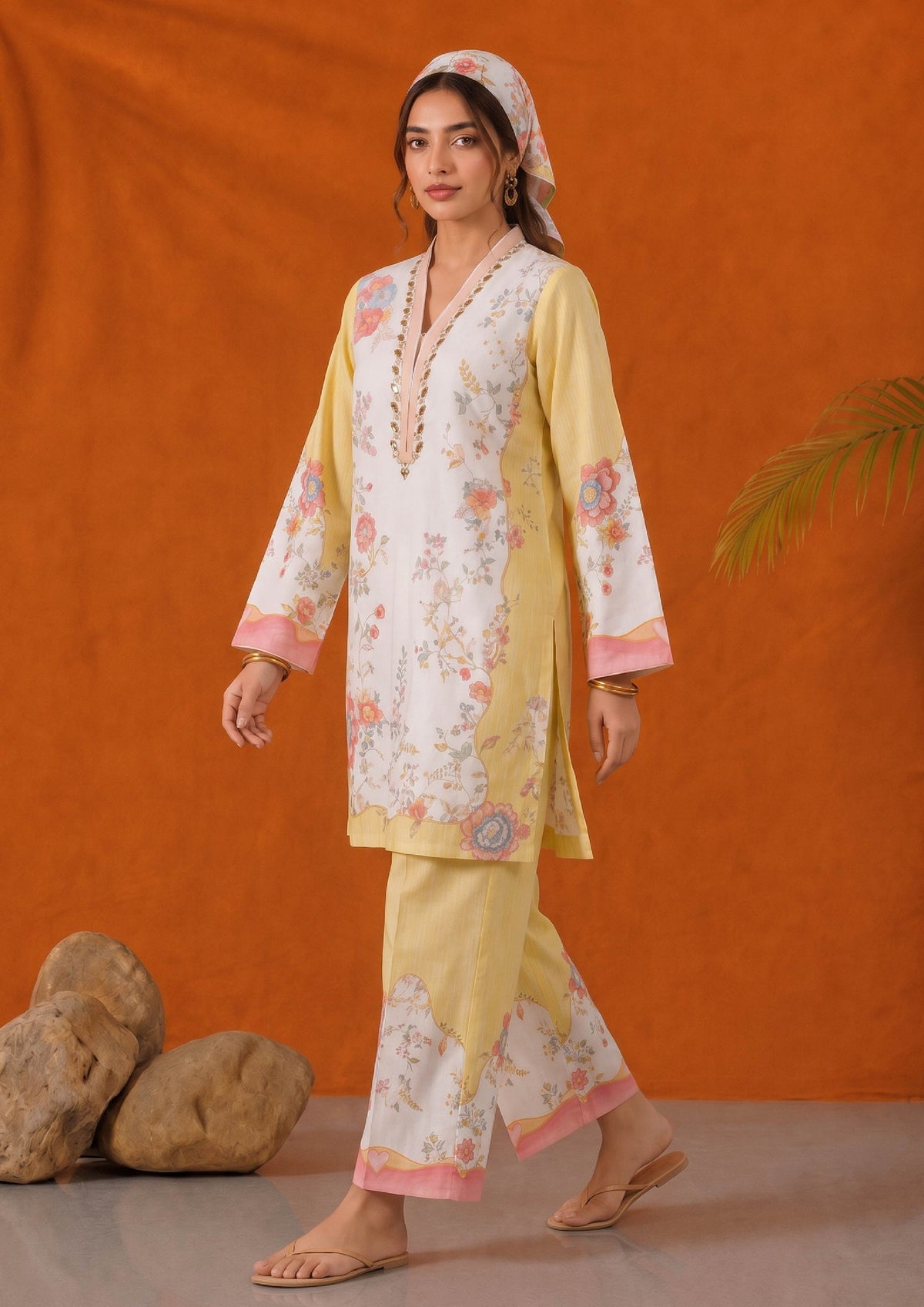 Lemon Fleur yellow and white 2 piece printed lawn co-ord set by Mirasl, three-quarter view
