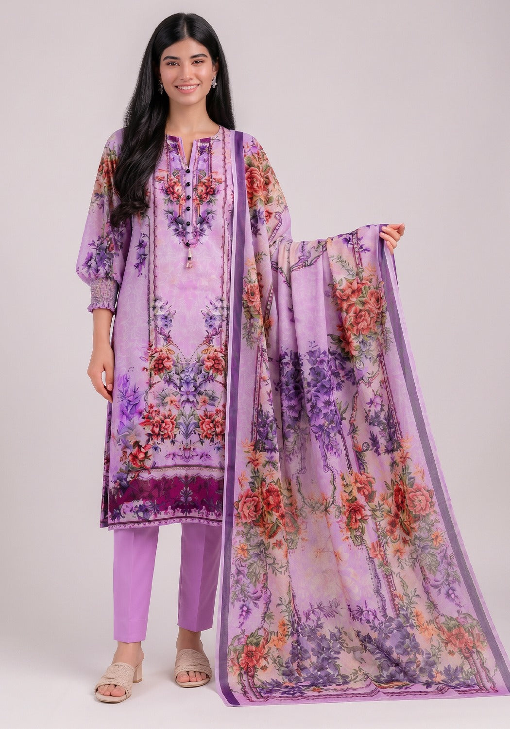 Lilac Ensemble 3 Piece Stitched Lawn Suit in Printed Lawn with floral print and matching dupatta by Mirasl