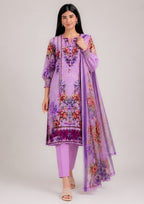 Front view of Lilac Ensemble 3 Piece Stitched Lawn Suit with coordinated dupatta by Mirasl