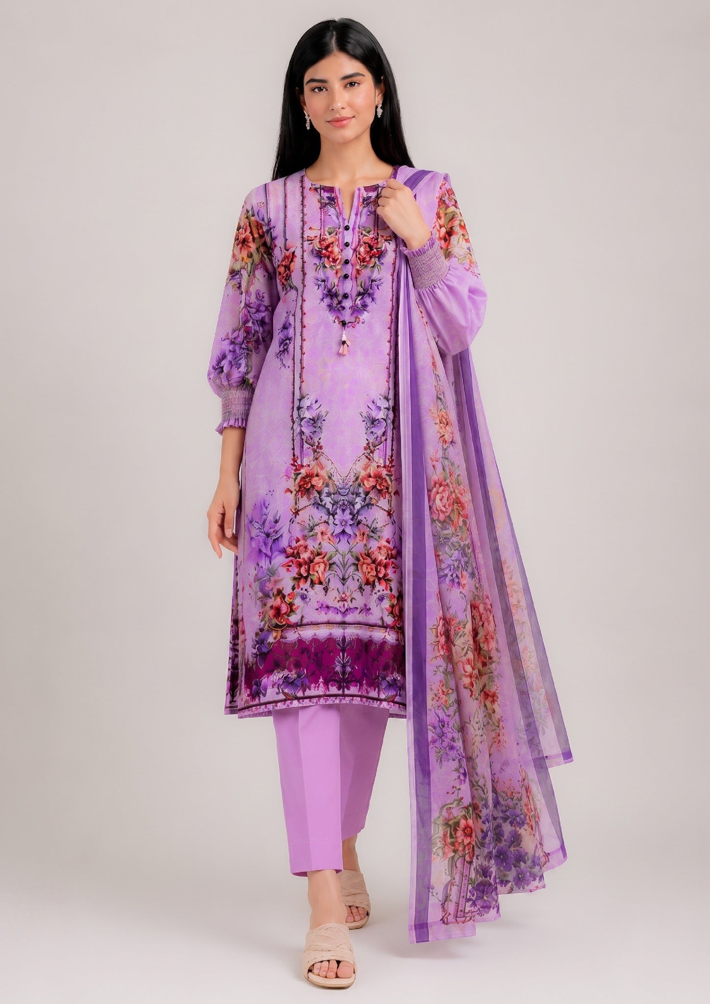 Front view of Lilac Ensemble 3 Piece Stitched Lawn Suit with coordinated dupatta by Mirasl